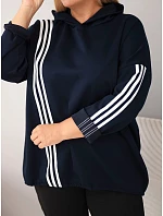 Dámska mikina Plus Size z viskózy s kapucňou a ozdobnými pásikmi, modrá