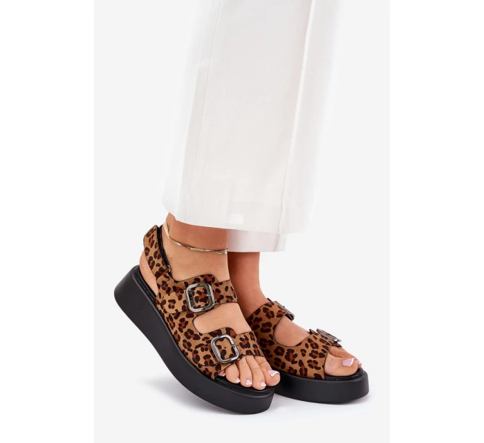 Sandały Damskie Na Platformie I Koturnie Z Klamrami Panterka Brązowe Genorre Sandały Damskie Na Platformie I Koturnie Z Klamrami Panterka Brązowe Genorre