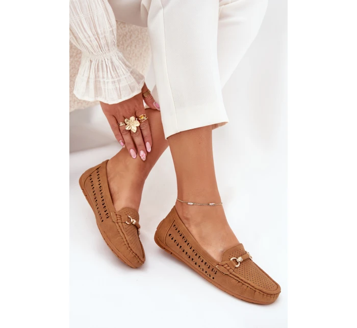 Mokasyny Damskie Ażurowe Z Ozdobą Camel Kaydance