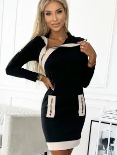 497-1 Dvojfarebné šaty s tromi zipsami - čierne a béžové