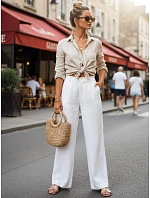 Dámske ľanové nohavice so širokými nohavicami biele FashionStreet UY3078