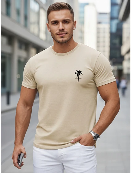 Pánske bavlnené tričko s potlačou, béžové, FashionStreet NX5126R