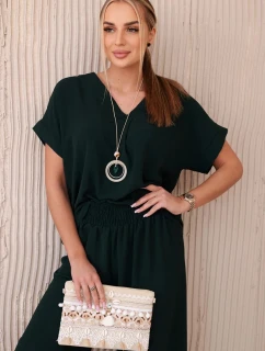 Komplet s náhrdelníkem halenka + kalhoty tmavě zelená