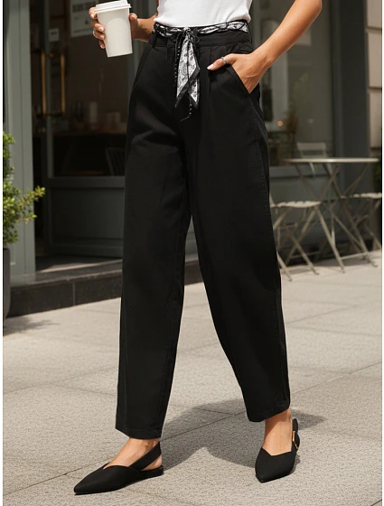 Spodnie damskie z wysokim stanem z czarne model 22067215 - FashionStreet