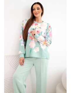 Dámsky maslový viskózový set s kvetmi so širokými nohavicami tmavý mätový