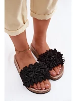 Dámské pantofle na korkové podrážce s ozdobnými květinami Černé Seleneza