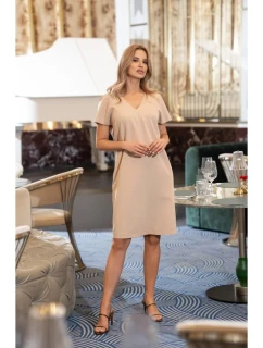S392 Uvoľnený strih šiat s výstrihom do V - béžová