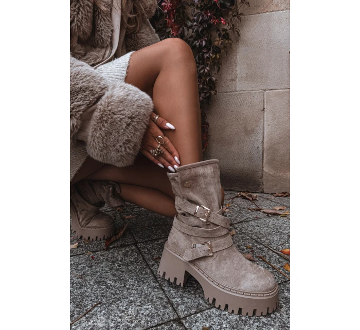 Botki Damskie Na Masywnym Obcasie Z Klamrami I Paskiem Beżowe Nerelisa Botki Damskie Na Masywnym Obcasie Z Klamrami I Paskiem Beżowe Nerelisa