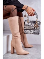 Klasyczne Zamszowe Kozaki Na Obcasie Ciemnobeżowe Tressa