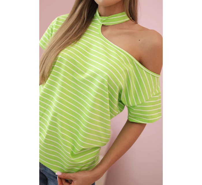 Dámská bavlněná blůza na jedno rameno s model 21820431 pruhovaná zelená - K-Fashion
