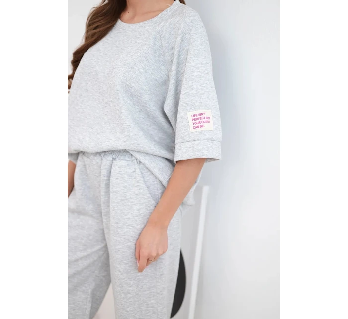 Dámský komplet z máslové viskózy mikina a široké kalhoty šedý melanž