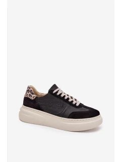 Skórzane Sneakersy Damskie Na Platformie Panterka Zazoo N1263 Czarne