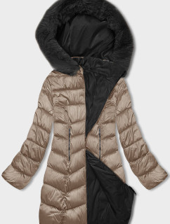 Cappuccino-čierna dámska zimná obojstranná bunda s kapucňou (B8202-1021)