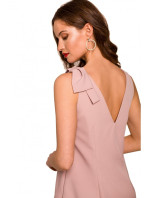 K128 Jednofarebné šaty áčkového strihu s mašľou - krepová ružová