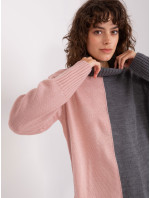 Šedo-ružový dlhý dámsky sveter s rolákom