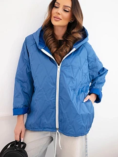 Dámska jarná prešívaná bunda s kapucňou a zipsom tmavý denim