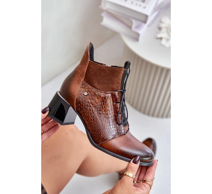 model 21677160 Kožené boty na podpatku zateplené hnědé - Zazoo