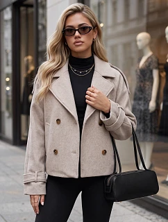 Krátky dámsky dvojradový kabát s klopami, béžový, FashionStreet TY6030