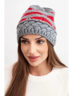 Dámska zimná čiapka z vlny v hrubom úplete a pruhoch K465 sivá + červená Dámska zimná čiapka z vlny v hrubom úplete a pruhoch K465 sivá + červená