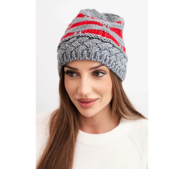 Dámska zimná čiapka z vlny v hrubom úplete a pruhoch K465 sivá + červená Dámska zimná čiapka z vlny v hrubom úplete a pruhoch K465 sivá + červená