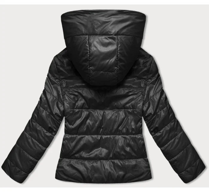 Krátka čierna dámska bunda s kapucňou (B8187-1)