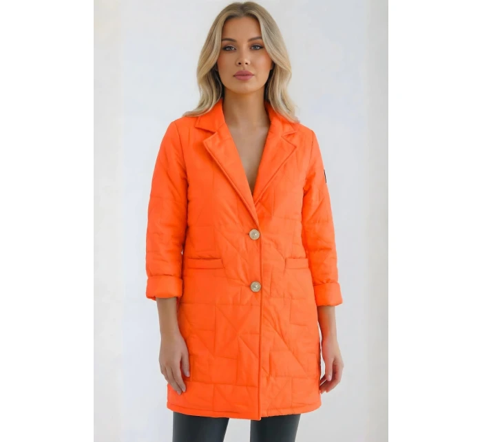 Dámske Plus veľkosť prešívaná bunda s ozdobnými gombíkmi a golierom Neon Orange Dámske Plus veľkosť prešívaná bunda s ozdobnými gombíkmi a golierom Neon Orange