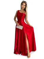 524-1 Dlhé elegantné saténové šaty na jedno rameno - ČERVENÉ