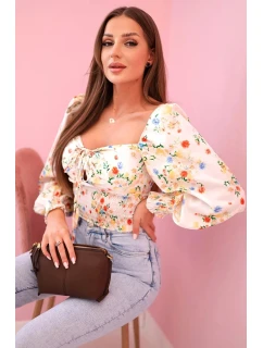 Dámska španielska blúzka s kvetinovým vzorom, dlhý rukáv, béžová