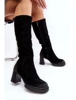 Zamszowe Kozaki Damskie Na Słupku Przed Kolano Lemar Czarne Ceraxa