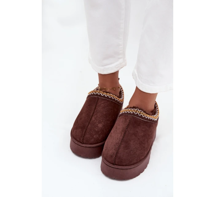 Dámske snehule Taliah s nízkou platformou a výšivkou - čokoládové