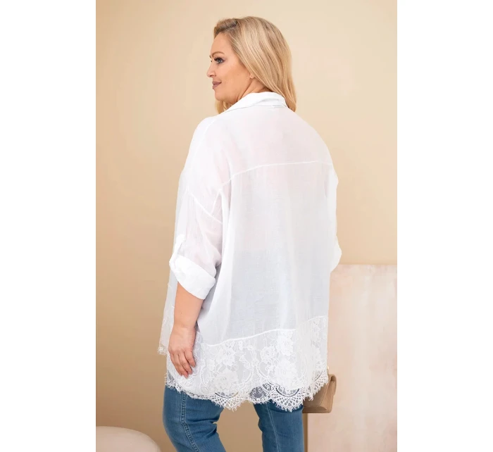 Dámske bavlnené tričko s čipkovým lemovaním v bielej farbe Plus Size