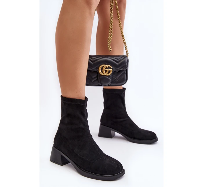 Botki Damskie Na Niskim Obcasie Czarne Aphroteia - Zamsz