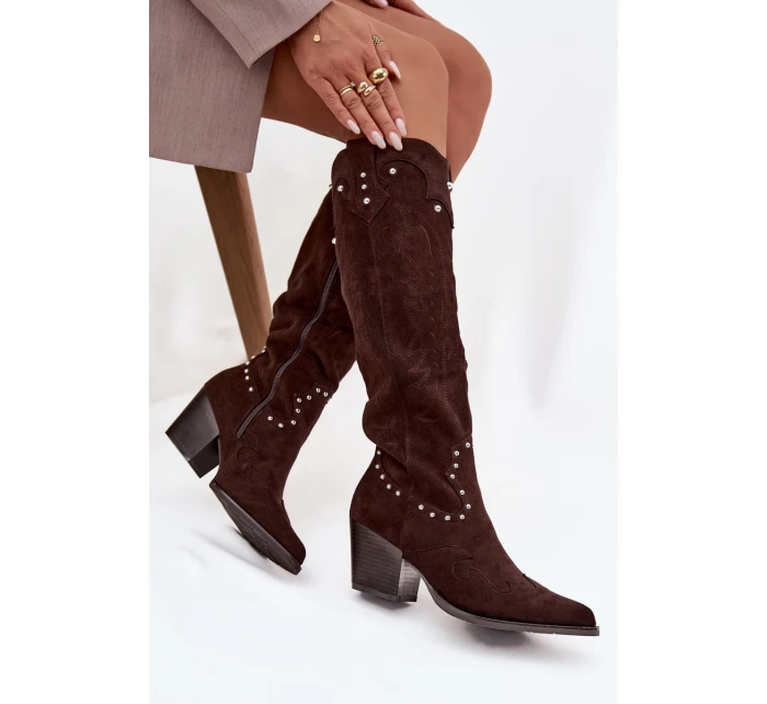 Damskie Kozaki Kowbojki Ze Zdobieniem Na Słupku Czekoladowe Darella Damskie Kozaki Kowbojki Ze Zdobieniem Na Słupku Czekoladowe Darella