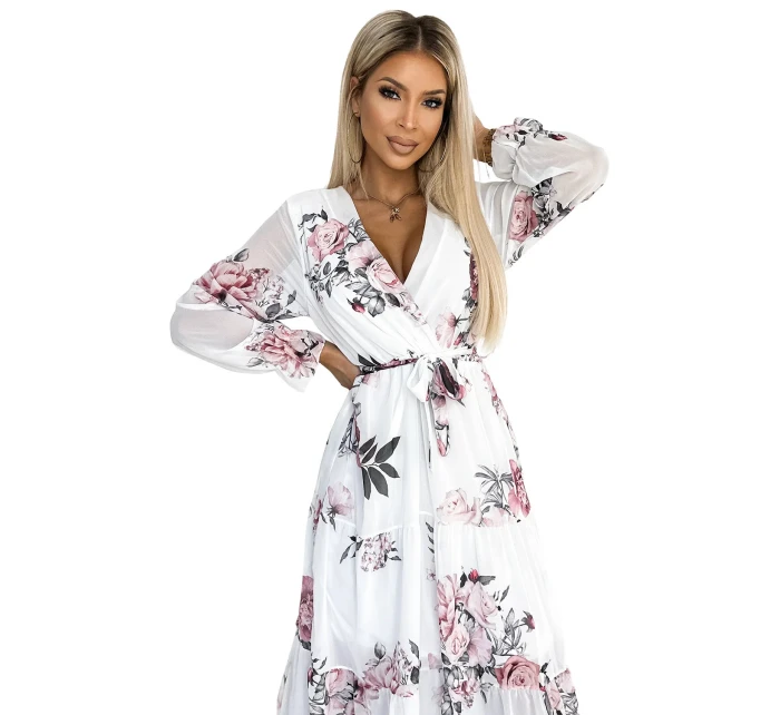 Bílé dámské midi šaty se vzorem výstřihem a páskem model 22077520 - numoco basic Bílé dámské midi šaty se vzorem výstřihem a páskem model 22077520 - numoco basic