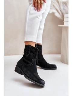 Zamszowe Botki Kowbojki Damskie Na Niskim Obcasie Ocieplane Sergio Leone BT284-S Czarne