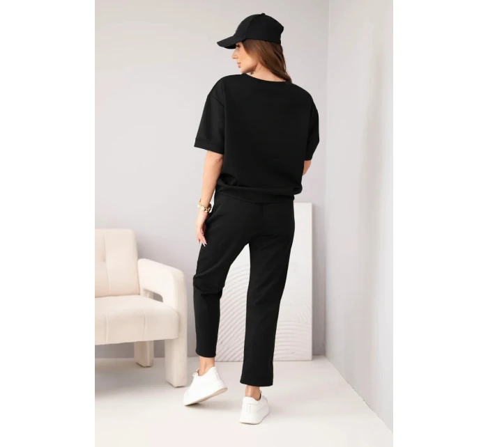 Dámsky viskózový maslový set s krátkym rukávom a nohavicami s ohrnutými nohavicami čierny