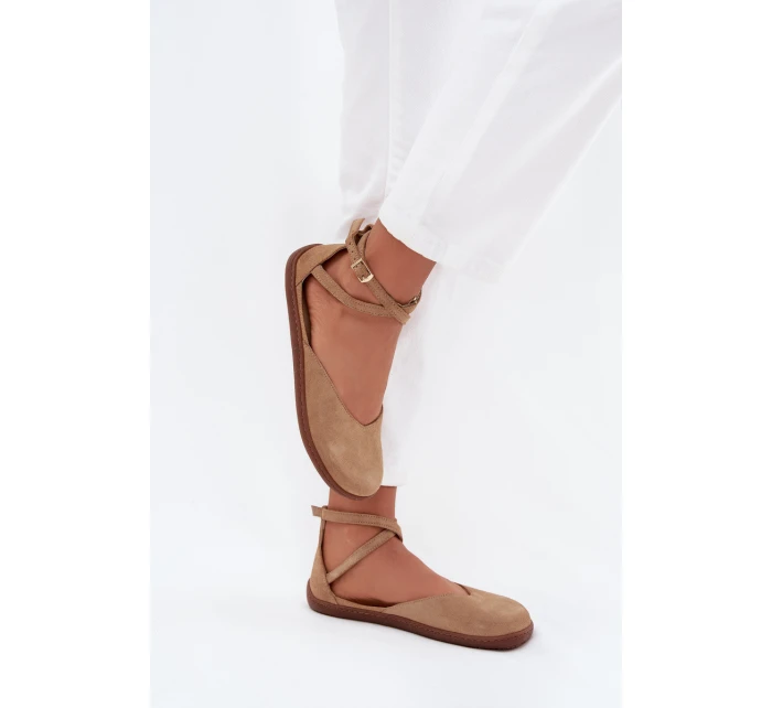 Zamszowe Baleriny Damskie Barefoot Z Paskami Zazoo 191 Beżowe