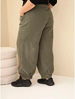 Dámské kalhoty bavlněné Plus Size manšestrové s gumou v pase a kapsami khaki