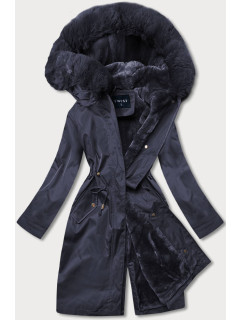 Tmavomodrá dámska zimná bunda s machovitým kožúškom (B537-3)
