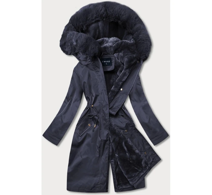 Tmavomodrá dámska zimná bunda s podšívkou z machovej kožušiny (b537-3)