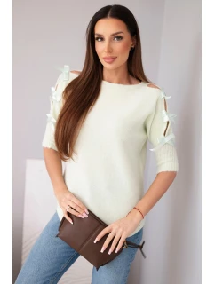 Dámsky sveter s krátkym rukávom a ozdobnými mašľami mätová