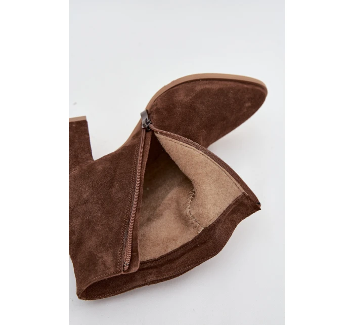 Botki Z Naturalnego Zamszu Obcas Słupek Ocieplane Brązowe Zazoo 3128