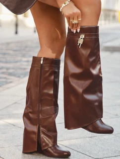 Dámske čižmy na platforme s opaskom a striebornými detailmi 033 Brown - Korivelle