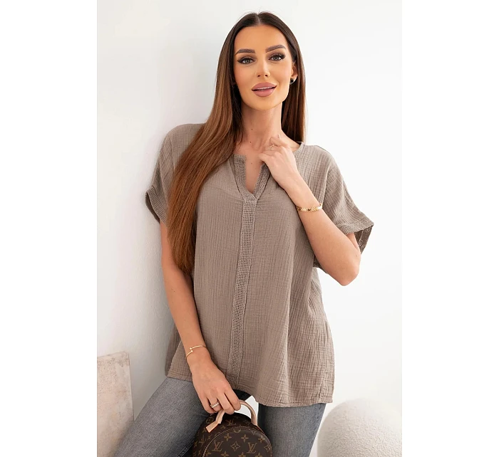 Dámska bavlnená blúzka oversize s véčkovým výstrihom a fango čipkou