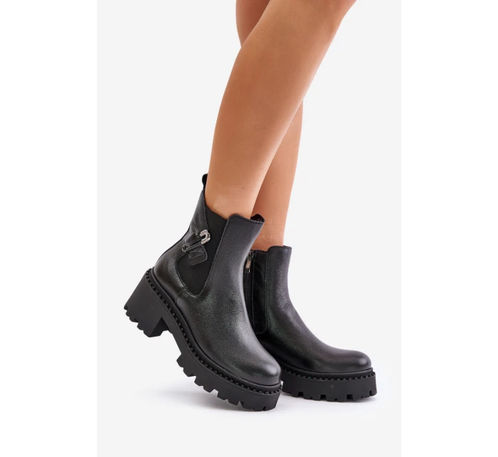 Zazoo 60490 Skórzane Ocieplane Botki Z Ozdobą Czarne