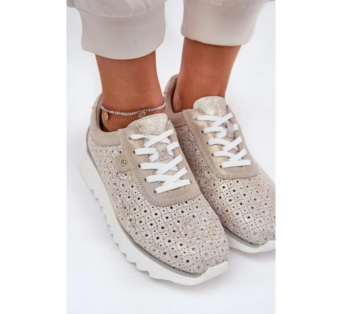 Zamszowe Ażurowe Sneakersy Na Platformie LR51-927 Złote