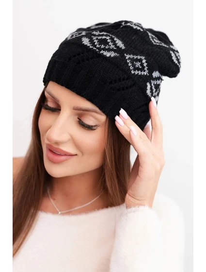 Dámska zimná vlnená čiapka s geometrickým vzorom K434 black + grey