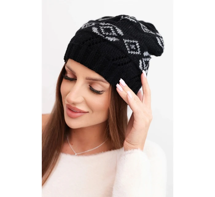 Dámska zimná vlnená čiapka s geometrickým vzorom K434 black + grey