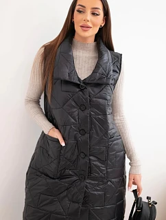 Dámská prošívaná dlouhá vesta s kapsami a se stojáčkem černá