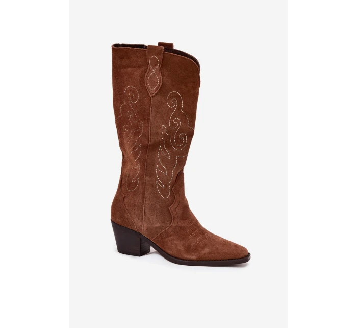 Zamszowe Kozaki Kowbojki Damskie Na Obcasie Camel Karira